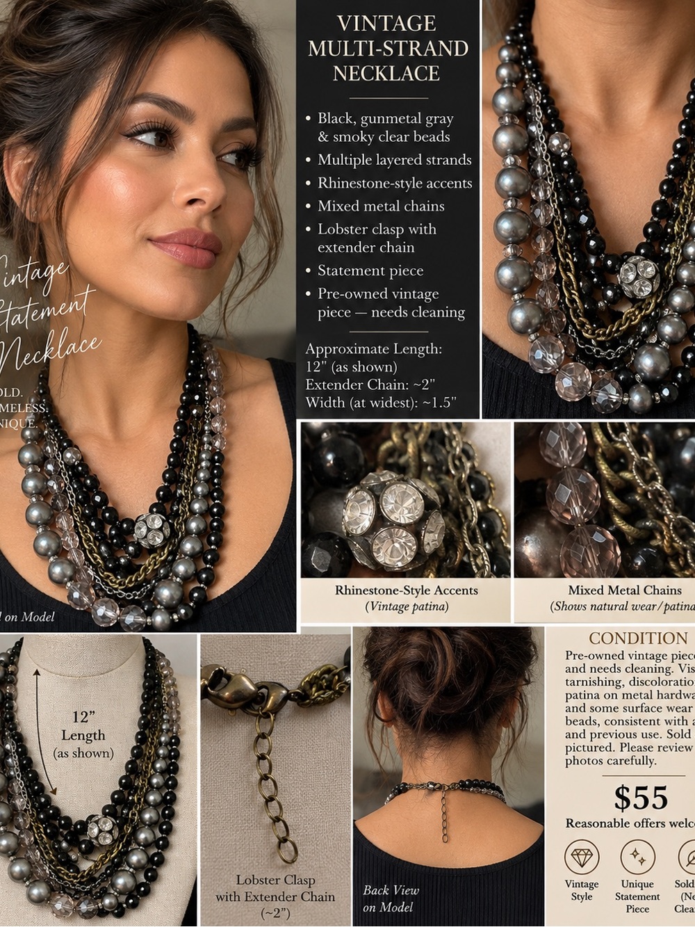 Vintage Multi-Strand Statement Necklace - Black & Gunmetal